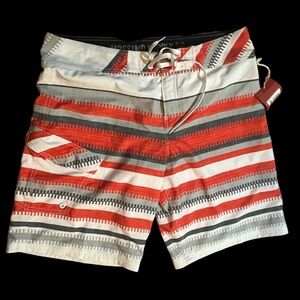 Striped Swim Shorts - Red, Gray, White (Shorter Style)